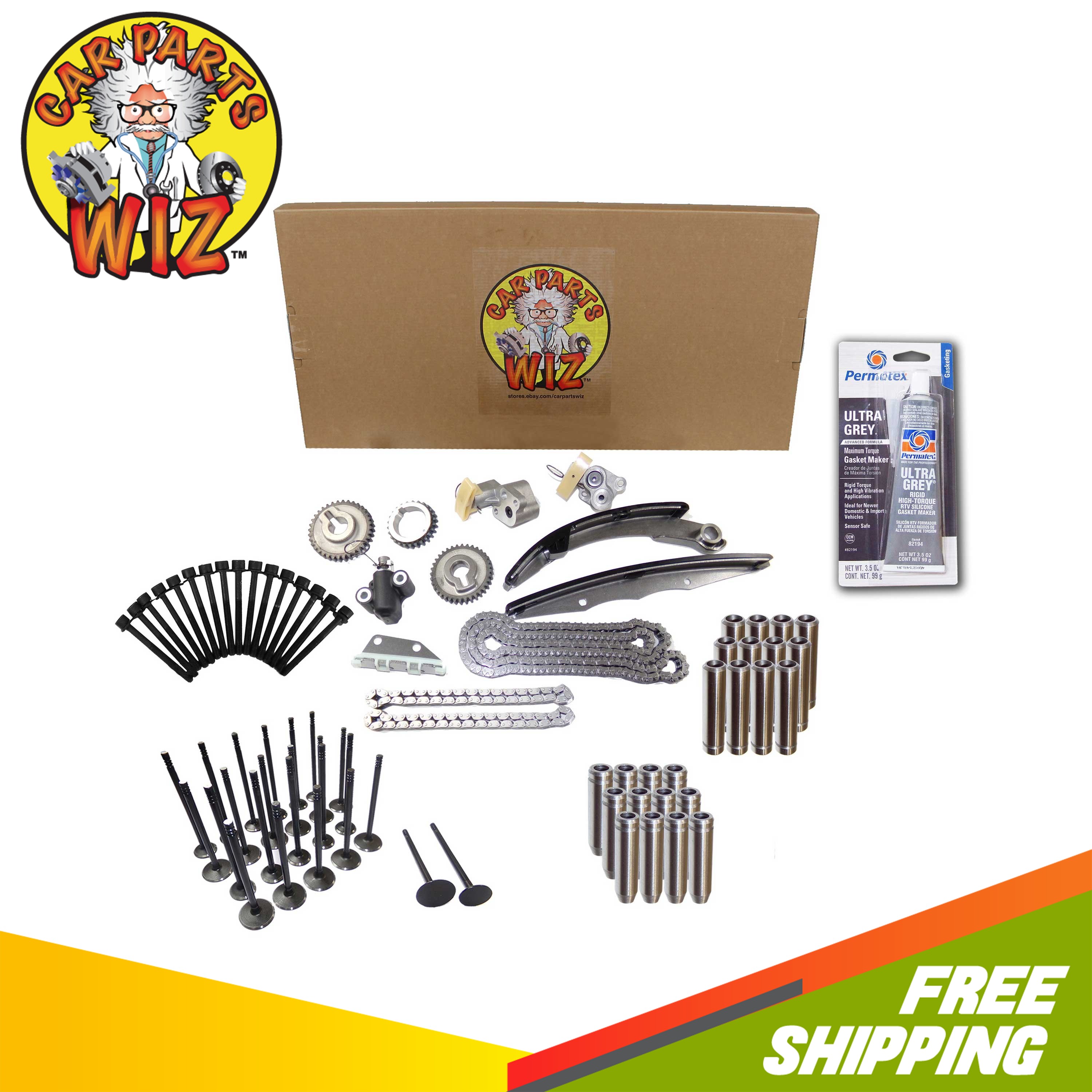 Full Gasket Set Timing Chain Exhaust Intake Valves Guides Bolts Fits